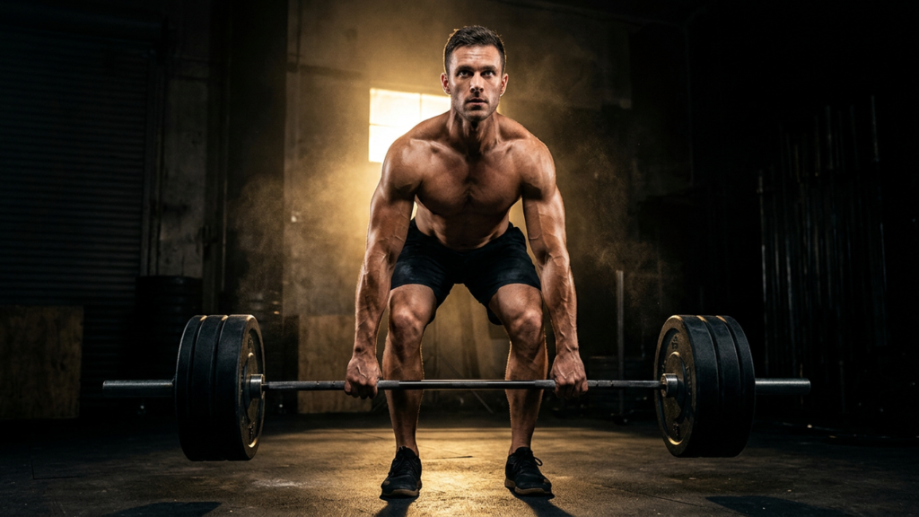 Hombre entrenando peso muerto en gimnasio con luz dorada dramática, guía gratuita Pablo Sanromán